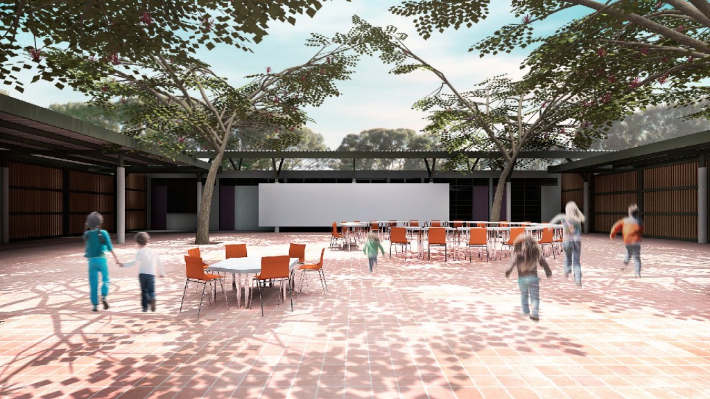 Centro de Educação Complementar - Piauí | inclusão e espírito comunitário | ODVO arquitetura | Grande pátio central com projeção cinema